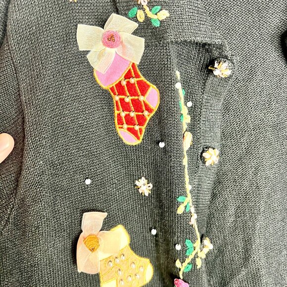 Vtg Christmas Stockings Beaded Festive Button-Up Cardigan Grandma Sweater Sz XL - Picture 3 of 7